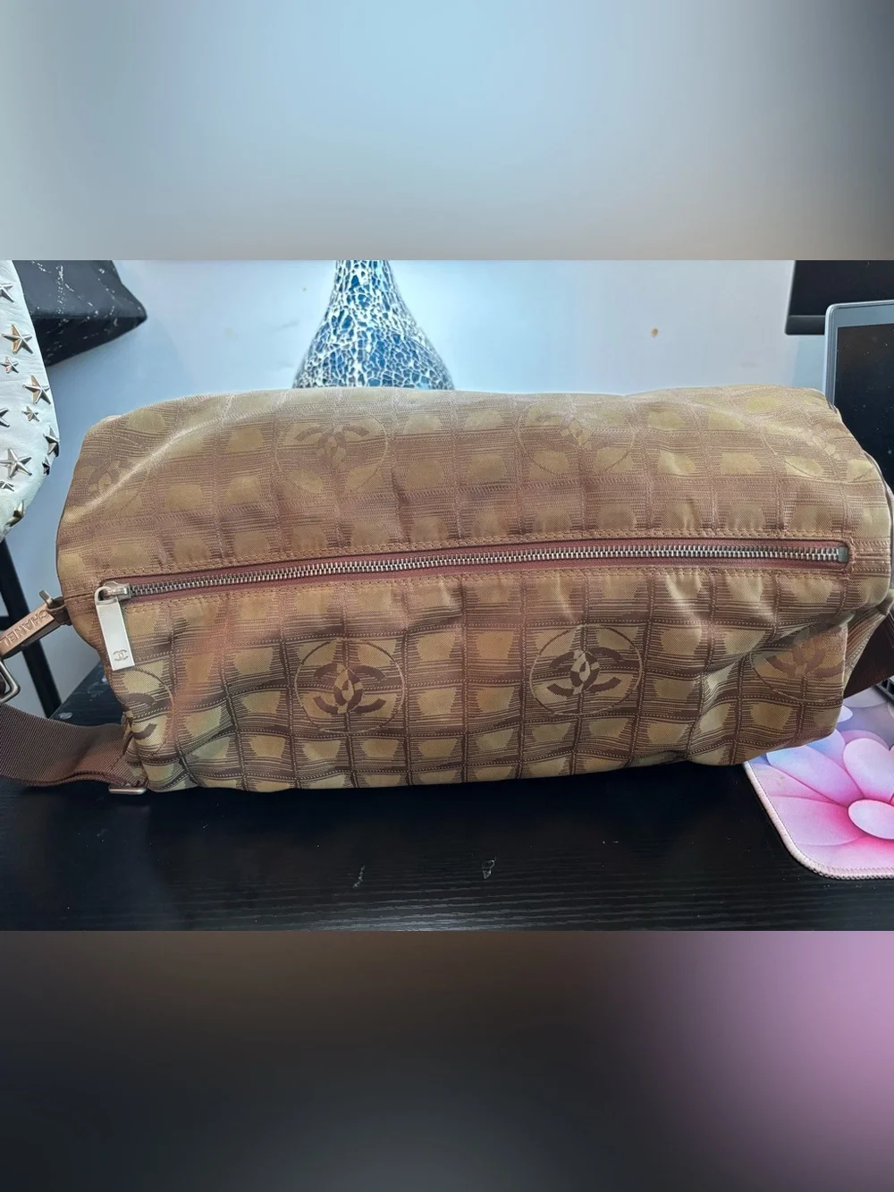 Authentic Vintage Chanel Travel Ligne Nylon Jacquard Barrel Bag